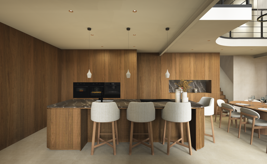Cuisine contemporaine en bois de noyer avec îlot central en pierre naturelle, réalisée dans le cadre d'une rénovation de maison à Bertrix par Catherine Colot - Intérieurs d'Exception