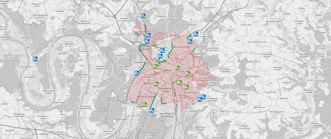 Stadtgebiet von Rouen, die Umweltzoneist rot markiert.