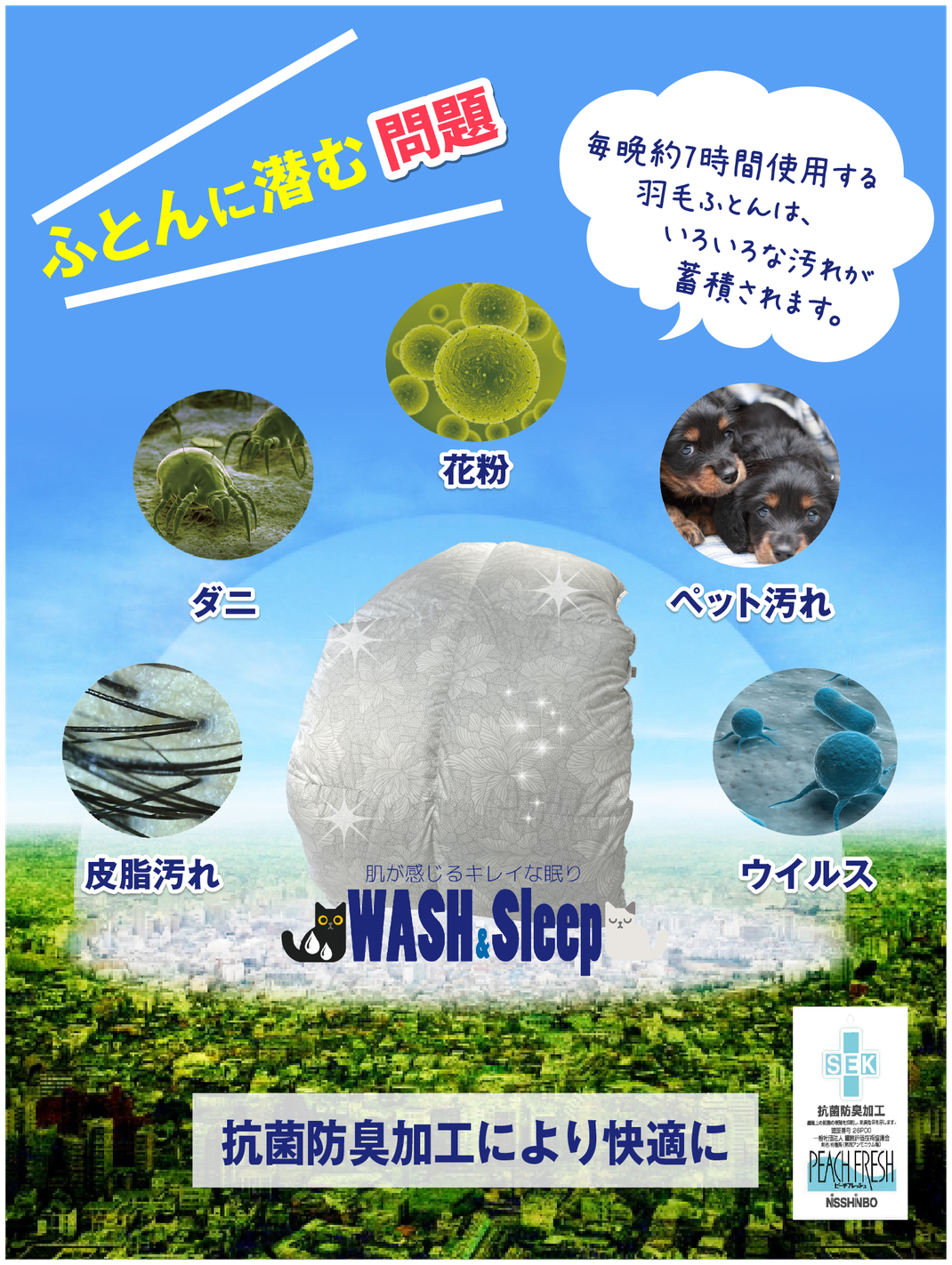 布団には花粉、ダニ、皮脂汚れなど汚れが蓄積されています。