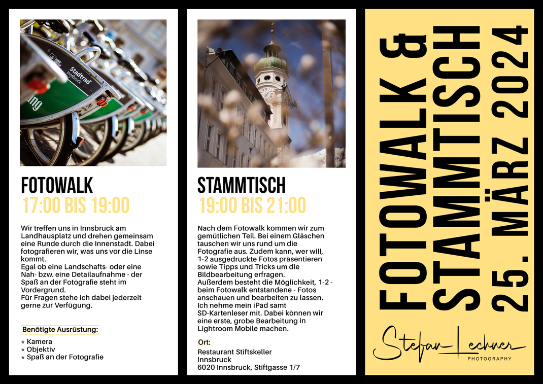 Fotoworkshop Fotowalk Innsbruck Altstadt Stammtisch März 2024 Flyer