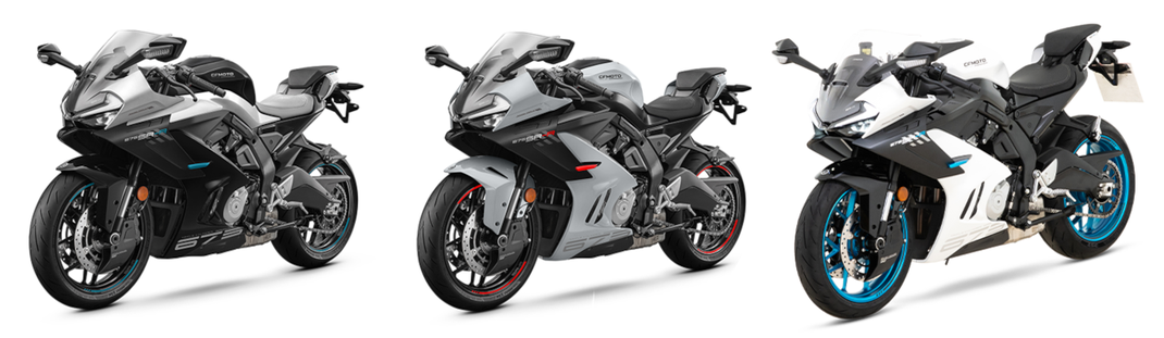 Alle 3 Fahrzeugfarben der CFMOTO 675SR-R mit Frontansicht - Nebula Black - Aerolite Grey - Nebula White