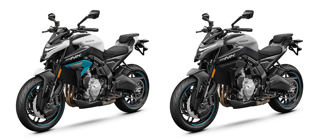 CFMOTO 675NK - Frontansicht 2 Fahrzeugfarben - Glacier White - Tundra Grey
