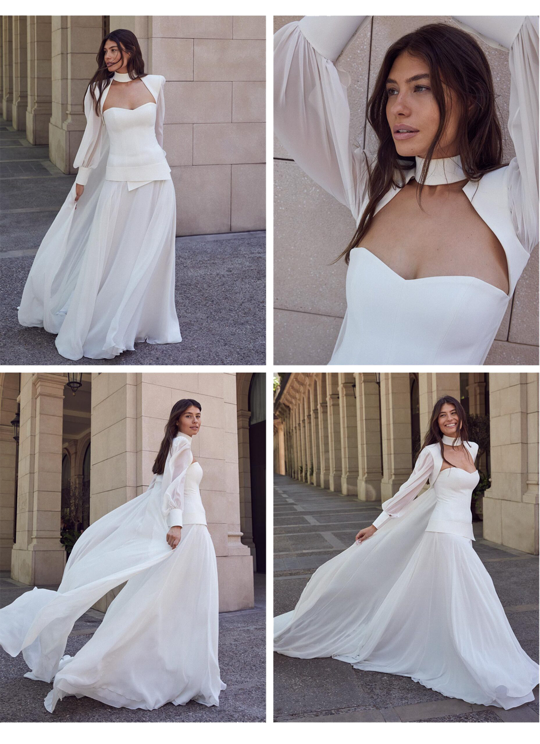Vier Bilder zeigen eine Frau in der Stadt, die ein Jesus Peiro Brautkleid trägt