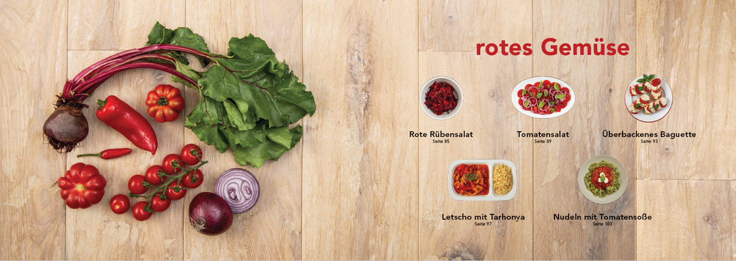 Kapitelübersicht „Rotes Gemüse“ mit Beispielen aus dem T.I.W.-Kochbuch