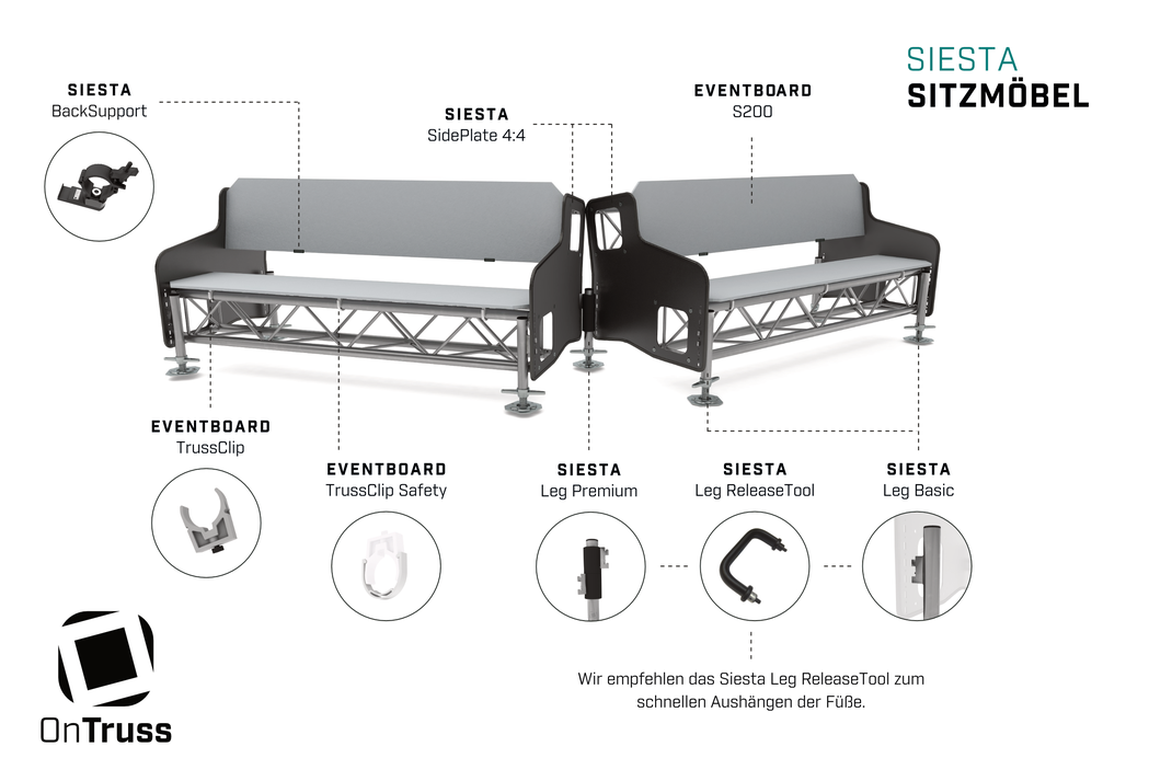 Das OnTruss Siesta Sitzmöbel-System im Überblick | Wir bieten alle Zubehörteile zum Bau von Sitzbänken, Eventmöbel, Couchen, Tische, ...