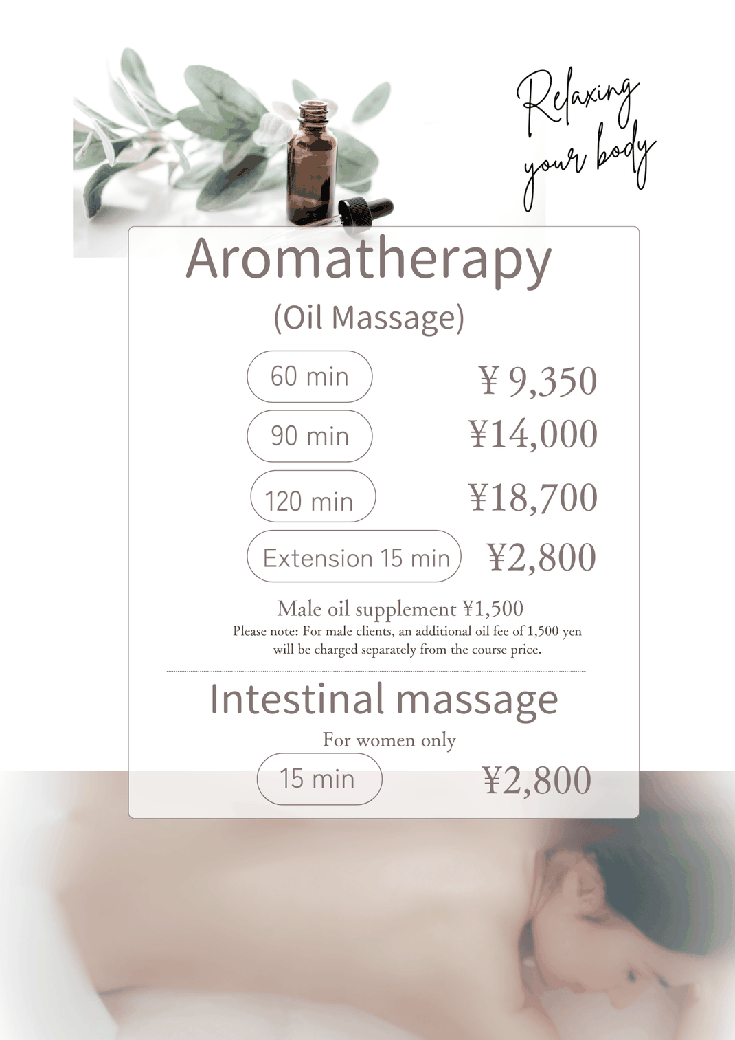 Aromatherapy oil massage in Hamamatsucho Tokyo using 100 percent natural botanical oils for relaxation and stress relief
