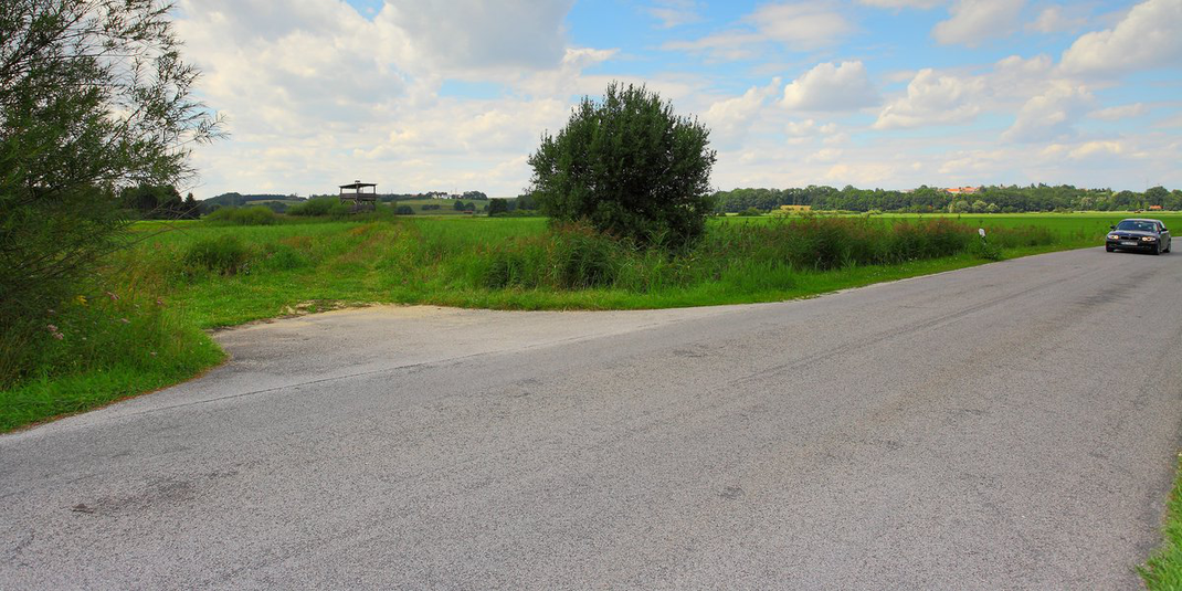 Links die Einfahrt zum Turm von Pulling aus kommend