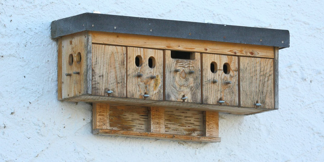 "Reihenhaus"-Ausführung mit Spaltenquartier für Fledermäuse für die Montage an einer Garagenwand