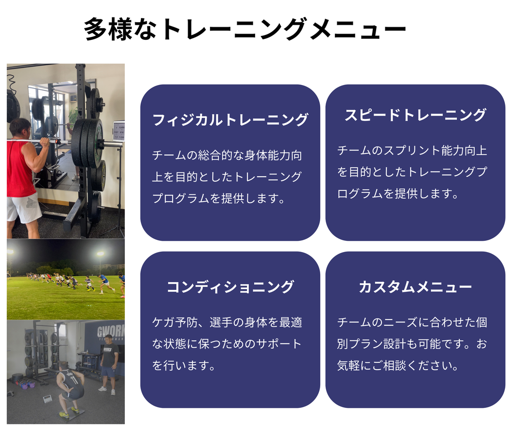 多様なトレーニングメニュー / フィジカルトレーニング チームの総合的な身体能力向上を目的としたトレーニングプログラムを提供します。/ スピードトレーニング チームのスプリント能力向上を目的としたトレーニングプログラムを提供します。/ コンディショニング ケガ予防、選手の身体を最適な状態に保つためのサポートを行います。 / カスタムメニュー チームのニーズに合わせた個別プラン設計も可能です。お気軽にご相談ください。