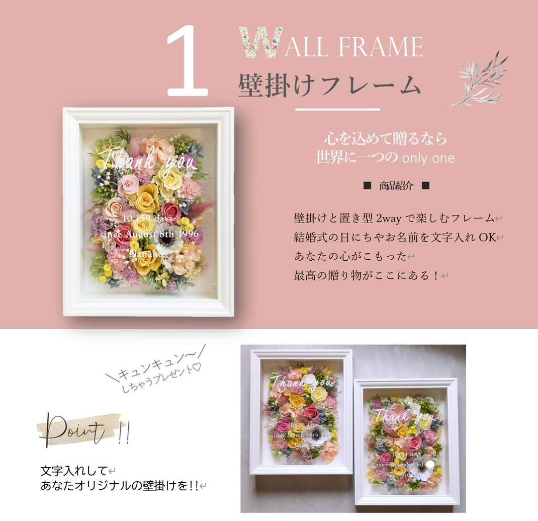 結婚式の両親贈呈プレゼントとして贈るプリザーブドフラワー壁掛けフレーム