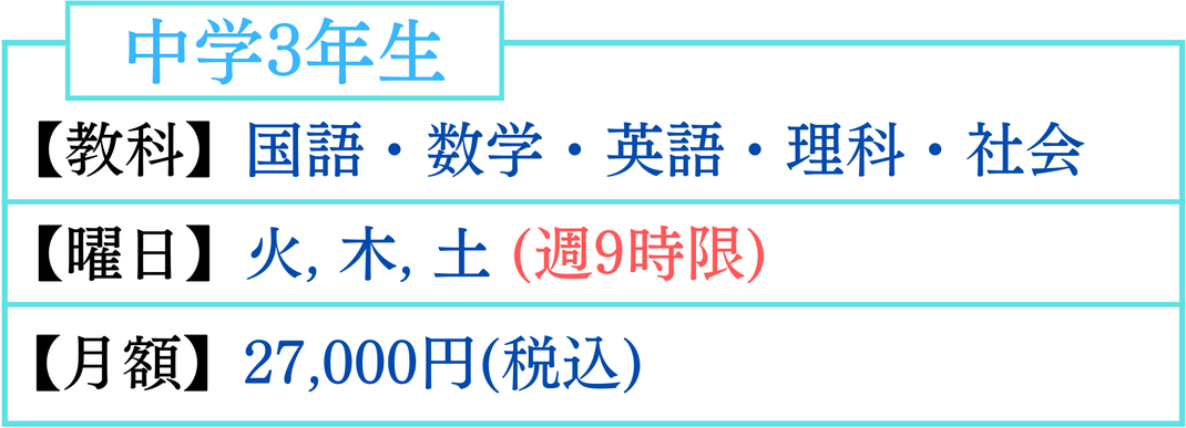 中学3年生　英語　数学　国語　理科　社会　火曜日　木曜日　土曜日