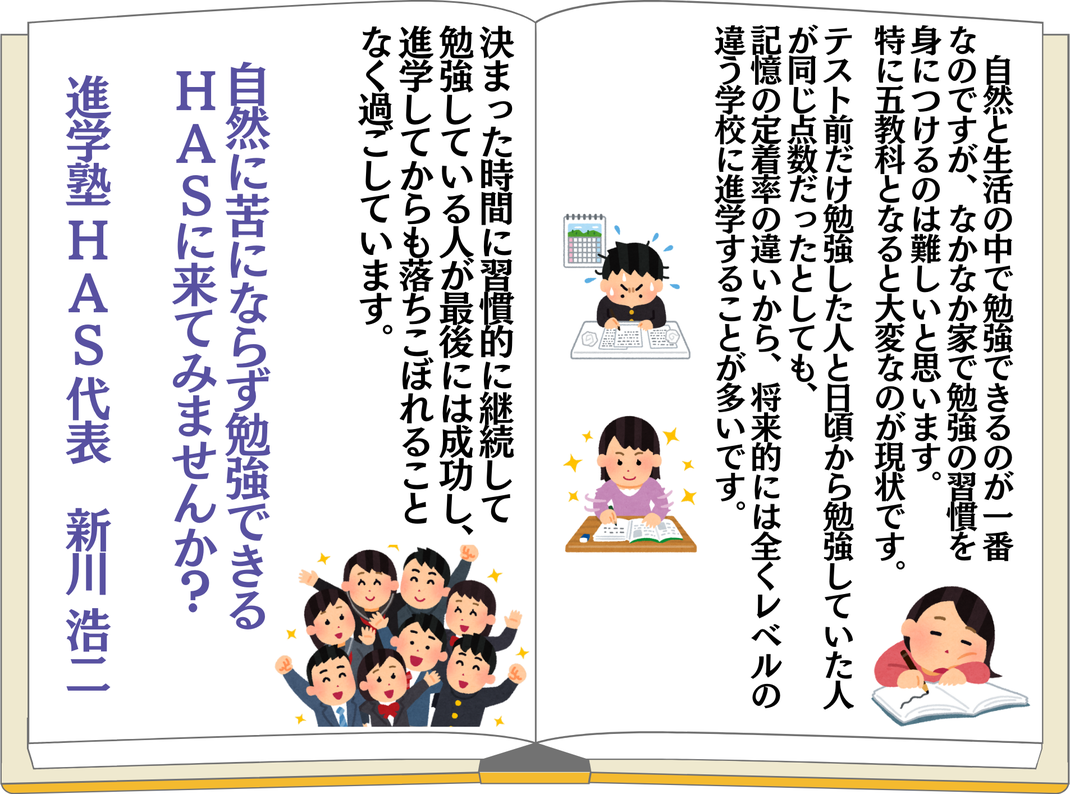 自然に生活の中で勉強できるのが一番なのですが、なかなか家では勉強の習慣をつけるのは難しいと思います。特に5教科となると大変なのが現状です。  　テスト前だけ勉強して高得点とれた人と日常から勉強して高得点とった人が、同じ点数だったとしても、将来的(受験のとき)には全くレベルの違う高校に進学します。  　決まった時間に習慣的に継続して勉強している人が最後には成功し、進学してからも落ちこぼれることなく過ごしています 自然に苦にならず勉強できるHASに来てみませんか？進学塾ハズ　代表　新川 浩二　