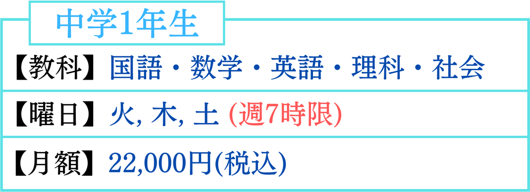 中学1年生　英語　数学　国語　理科　社会　火曜日　木曜日　土曜日