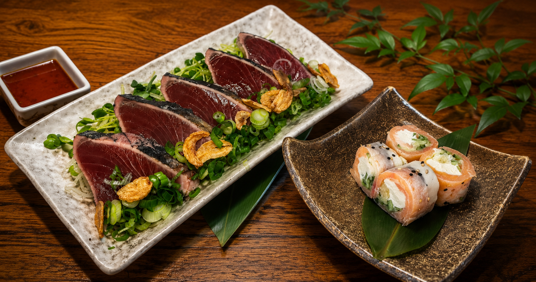 Seared Bonito Sashimi with Smoked Salmon and Cream Cheese Soy Roll