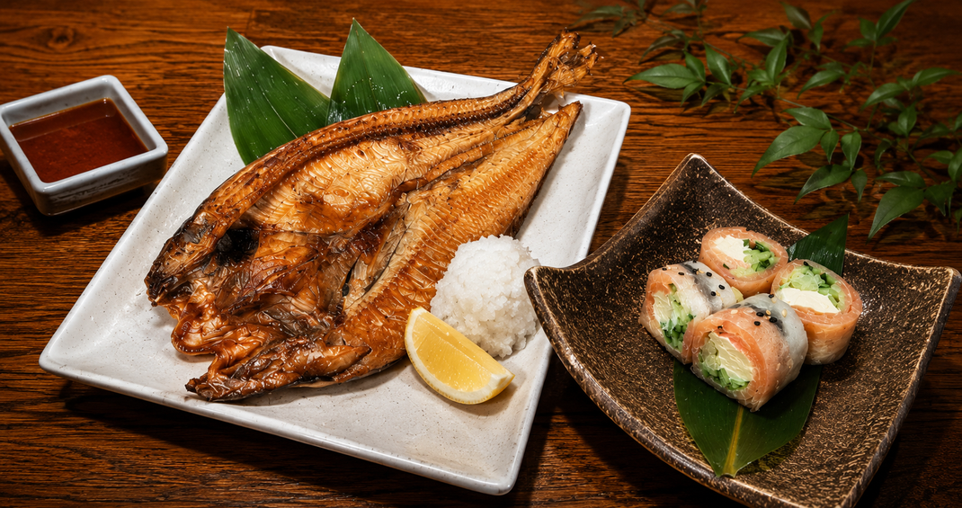 Grilled Dried Hokke and Smoked Salmon & Cream Cheese Soy Roll
