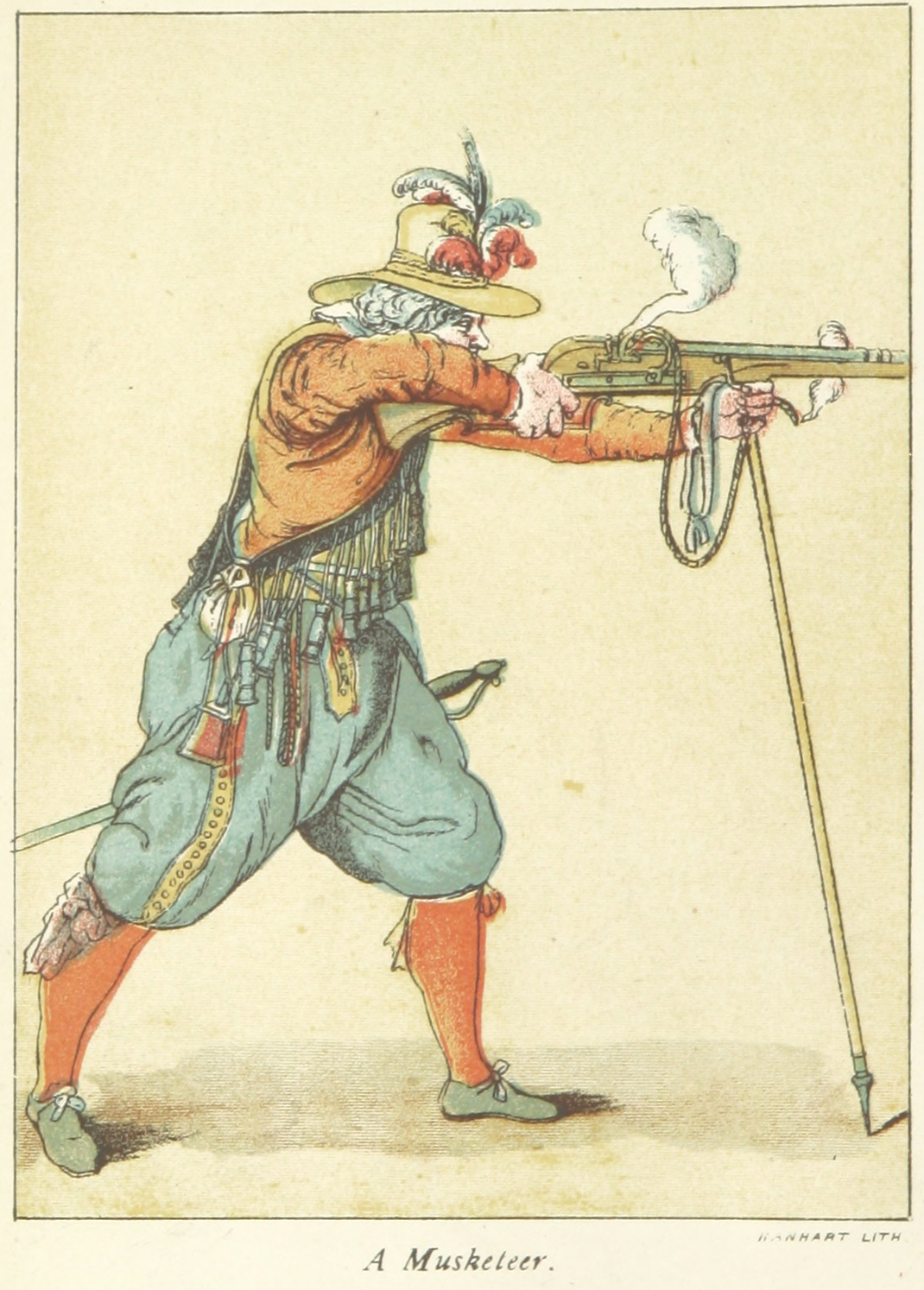 Farbige Abbildung eines Musketiers samt Muskete und Musketenstab