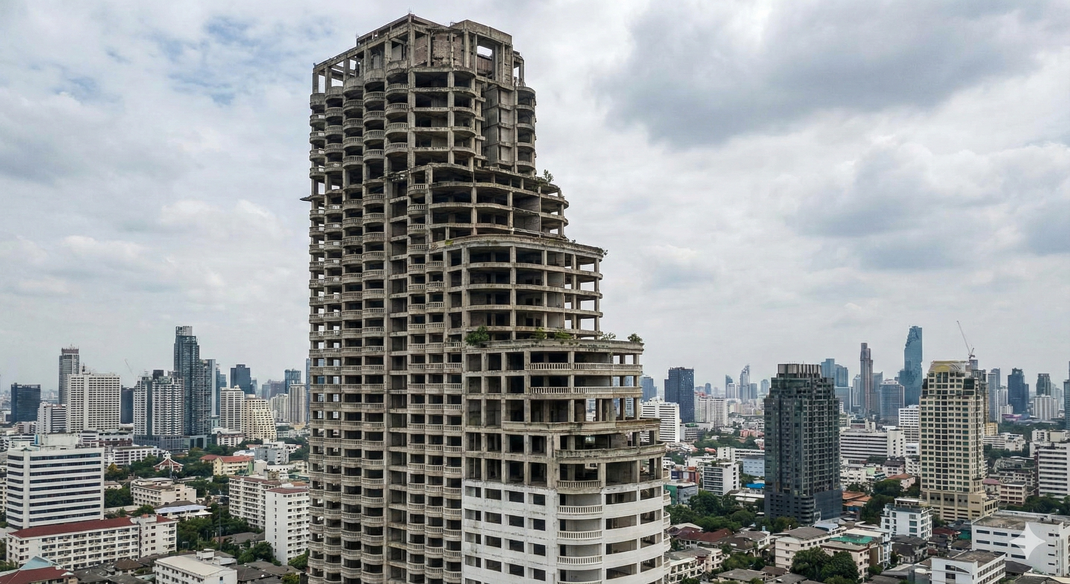 Der Sathorn Unique Tower in Bangkok, auch bekannt als "Ghost Tower". Dieses unvollendete Hochhaus sollte ursprünglich Luxuswohnungen beherbergen, wurde aber infolge der Finanzkrise in den 1990er Jahren aufgegeben und steht nun als markantes, verlassenes