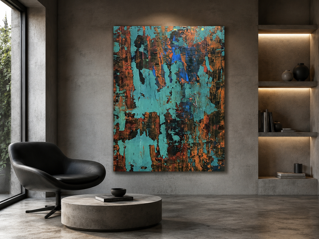                          Modern abstract schilderij Blue Orange met blauwe en oranje geometrische vormen voor een modern interieur.                                        
