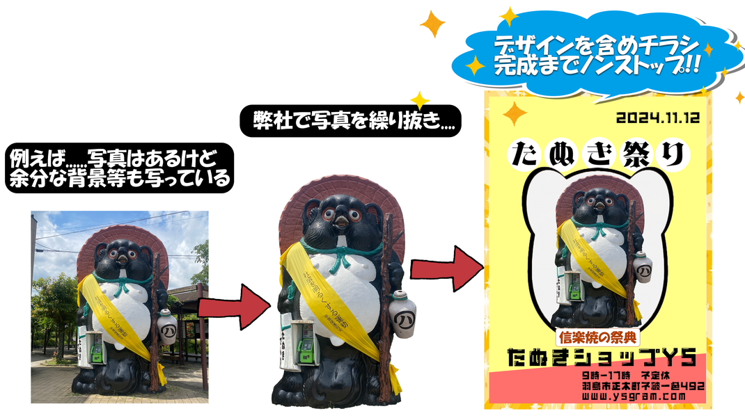 チラシ制作も簡単丸投げ　たぬきの風景写真も切り抜いてプロの仕上がりに持っていきます。デザイン入稿はラインで画像と必要事項を送るだけ