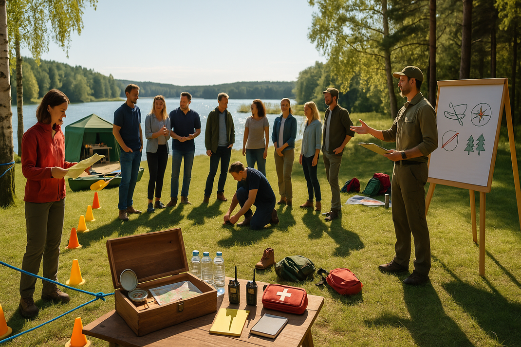 Gruppe steht am See bei einem Outdoor-Teambuilding, Trainer erklärt die Aufgabe am Flipchart, Ausrüstung und Markierungshütchen im Vordergrund