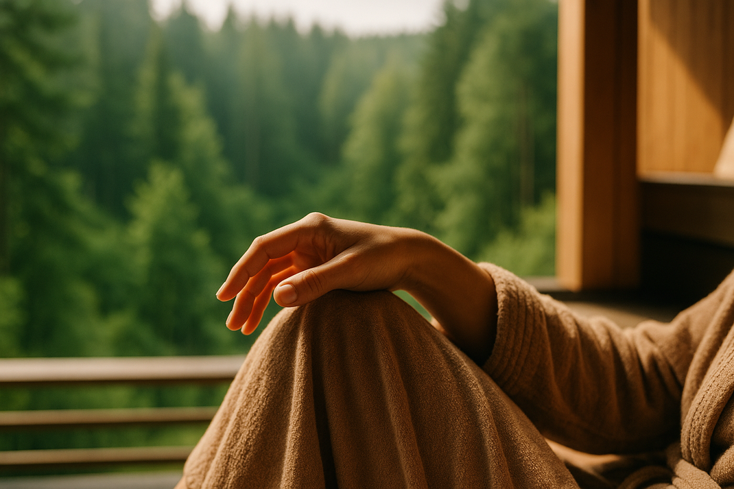 Detail-Aufnahme einer entspannten Hand auf Schoß, warmes Licht, unscharfer Waldblick und Grün im Hintergrund