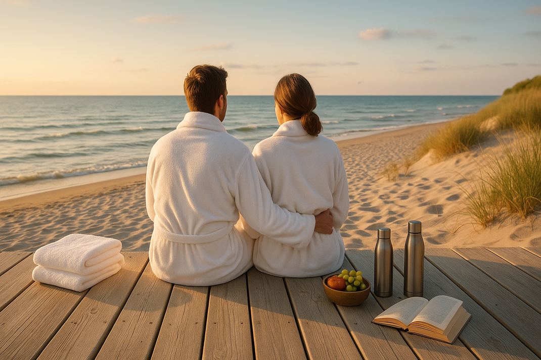 Zwei Personen in weißen Bademänteln sitzen auf einer Holzterrasse am Strand und blicken auf das Meer.