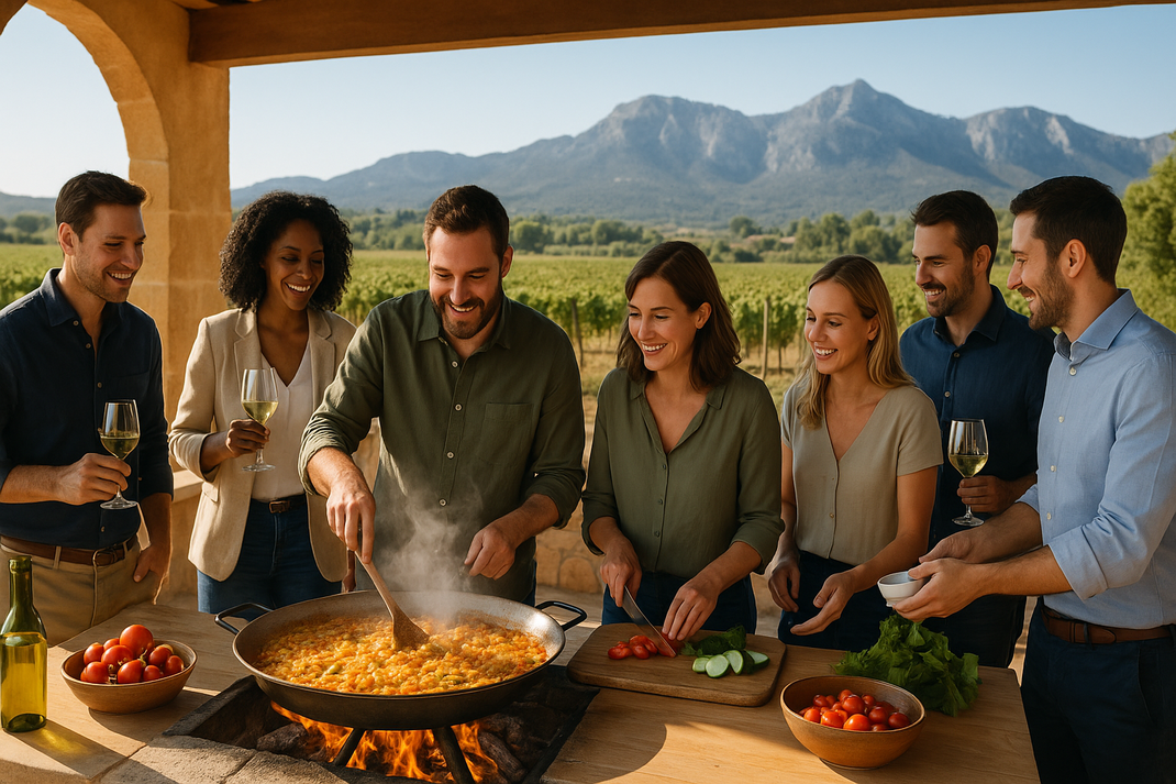 Gruppe von Menschen kocht gemeinsam im Freien an einer großen Pfanne, im Hintergrund sind Weinberge und Berge zu sehen.