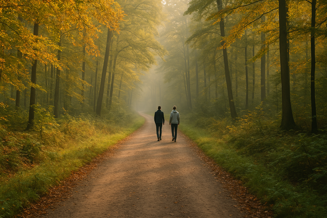 Zwei Personen gehen gemeinsam auf einem breiten Waldweg durch einen herbstlichen Wald mit gelb gefärbten Blättern.