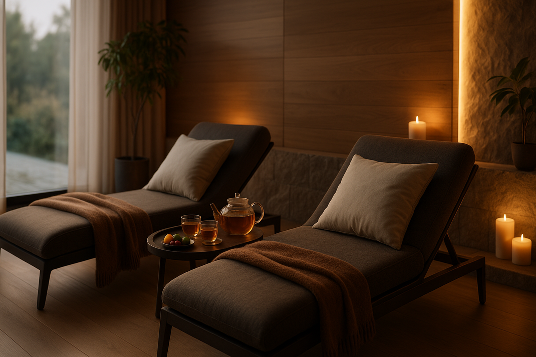 Zwei leere Liegen in einem Spa-Raum mit Kissen, Decken, Teekanne, Gläsern und Kerzenlicht.