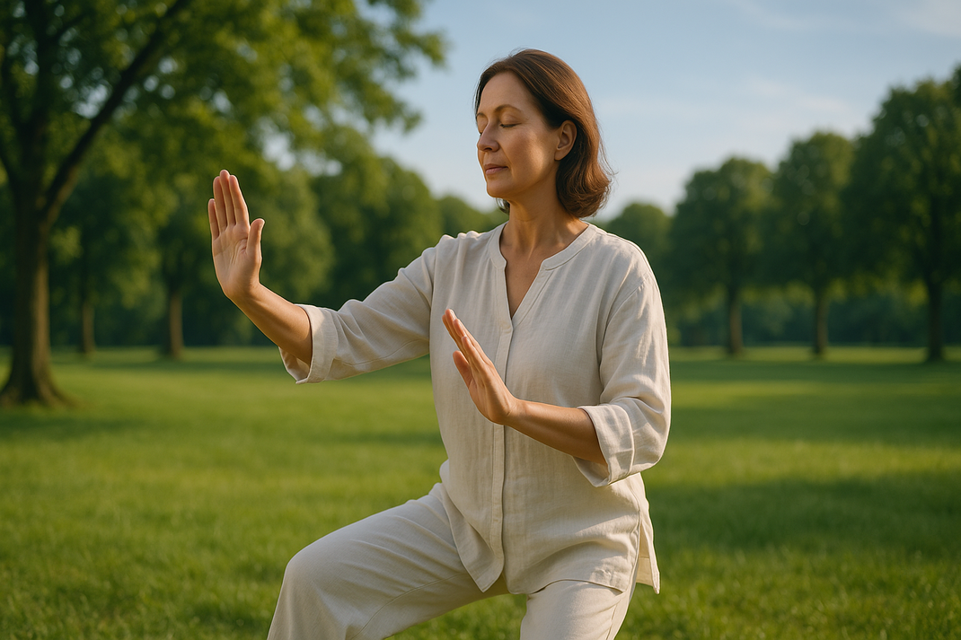 Person übt Tai Chi in ruhiger Parklandschaft mit grünen Bäumen im Hintergrund, fließende langsame Bewegungen, friedliche Atmosphäre