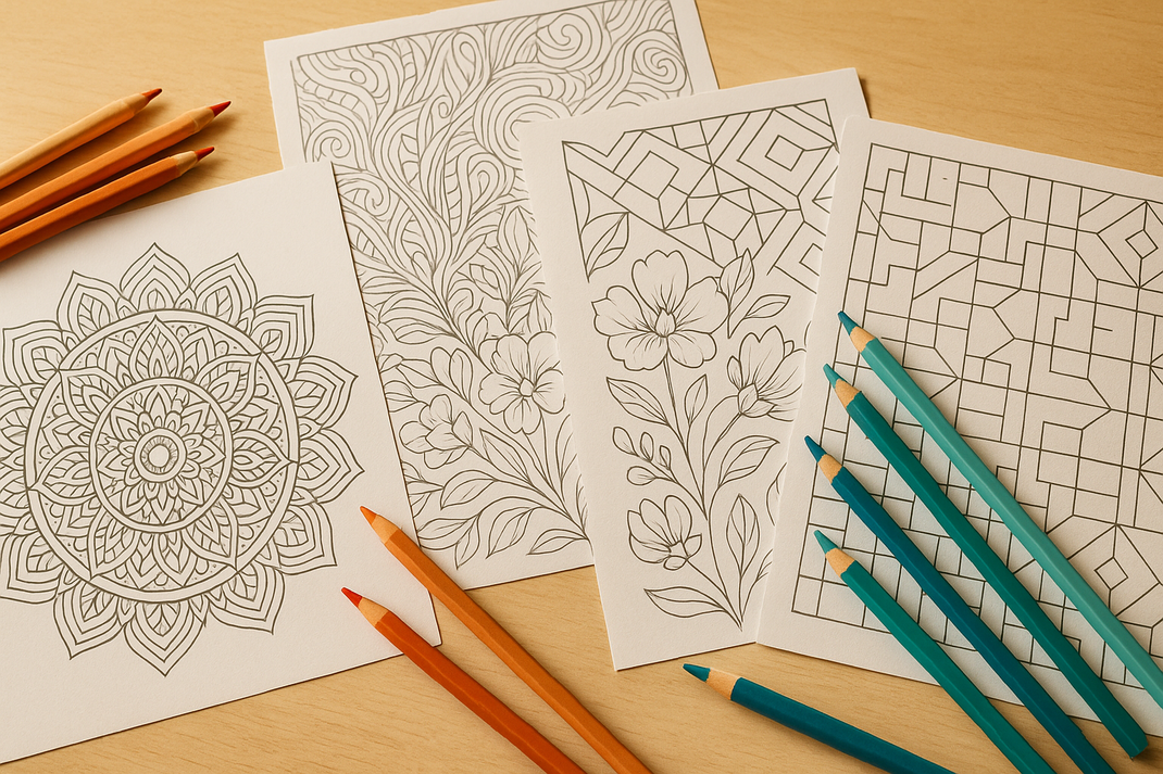 Übersicht verschiedener Ausmalbilder-Typen nebeneinander: detailliertes Mandala, Zentangle-Muster, Naturmotiv mit Blumen und geometrische Muster, daneben hochwertige farbige Stifte in verschiedenen Farben und Buntstifte.