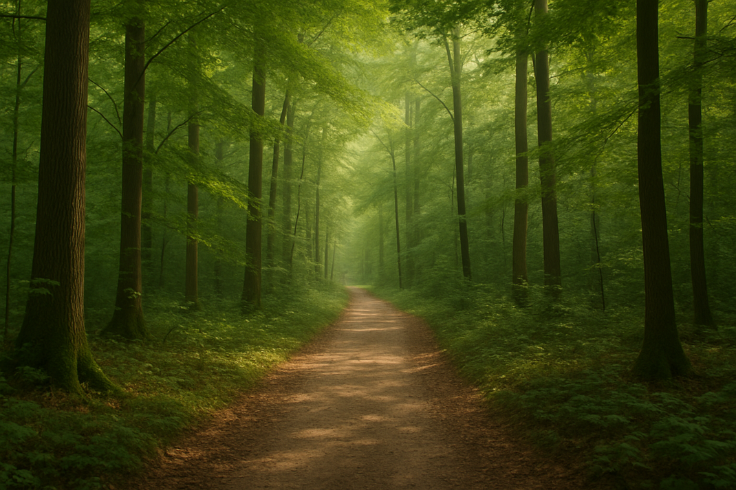 Gerader Waldweg führt durch einen dichten, grünen Wald mit hohen Bäumen und leichtem Nebel.