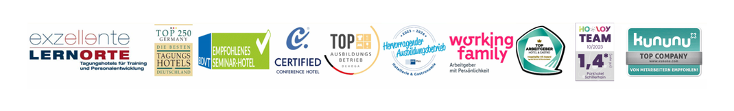 Siegel- und Zertifikatsleiste des Parkhotel Schillerhain: Tagungshotel-Auszeichnungen, Qualitäts- und Arbeitgeber-Siegel sowie Kununu Top Company.