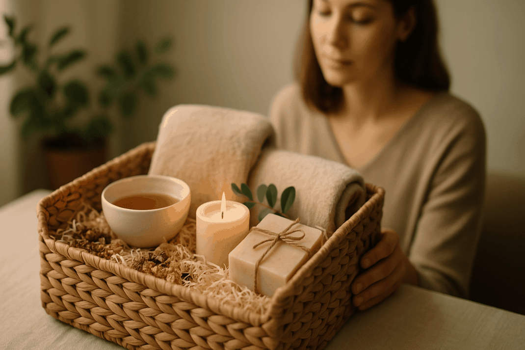 Ein liebevoll zusammengestellter Wellness-Geschenkkorb mit Tee, Badezusätzen und Kerze auf heller Oberfläche.