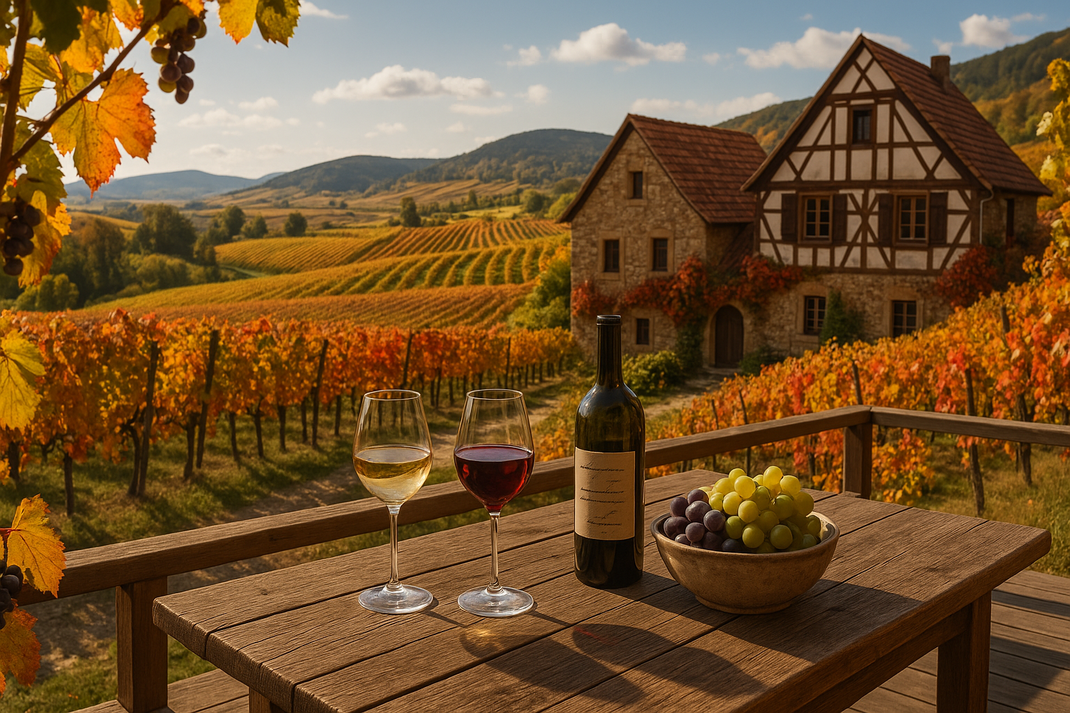 Weingläser und Weinflasche auf Holztisch mit Blick auf herbstliche Weinberge und ein Weingut in der Pfalz.