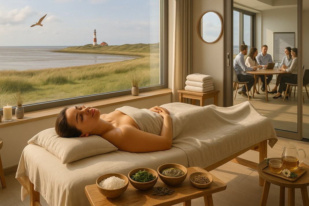 Frau liegt entspannt auf einer Massageliege am Fenster, Blick auf Küstenlandschaft mit Leuchtturm, im Hintergrund Besprechungsraum
