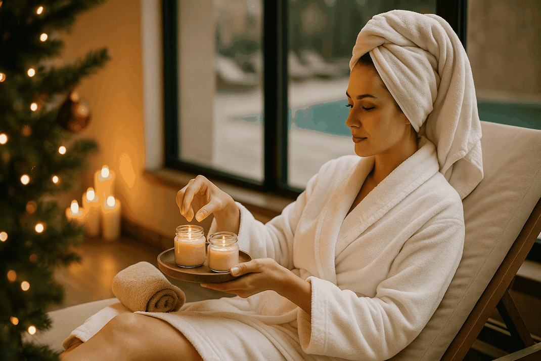 Frau in Relaxbereich auf Liege mit Bademantel mit Kerzen in der Hand. Im Hintergrund weihnachtliche Atmosphäre mit Baum und Kerzen.