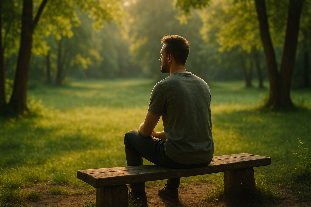 Person sitzt auf einer Bank im grünen Park und schaut in die Natur, entspannte Körperhaltung, morgendliches Licht, ruhige Atmosphäre