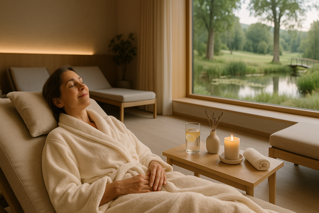 Frau im Bademantel entspannt auf einer Liege im Spa-Ruheraum, Kerze und Wasser auf dem Tisch, großer Fensterblick auf Teich und Brücke.