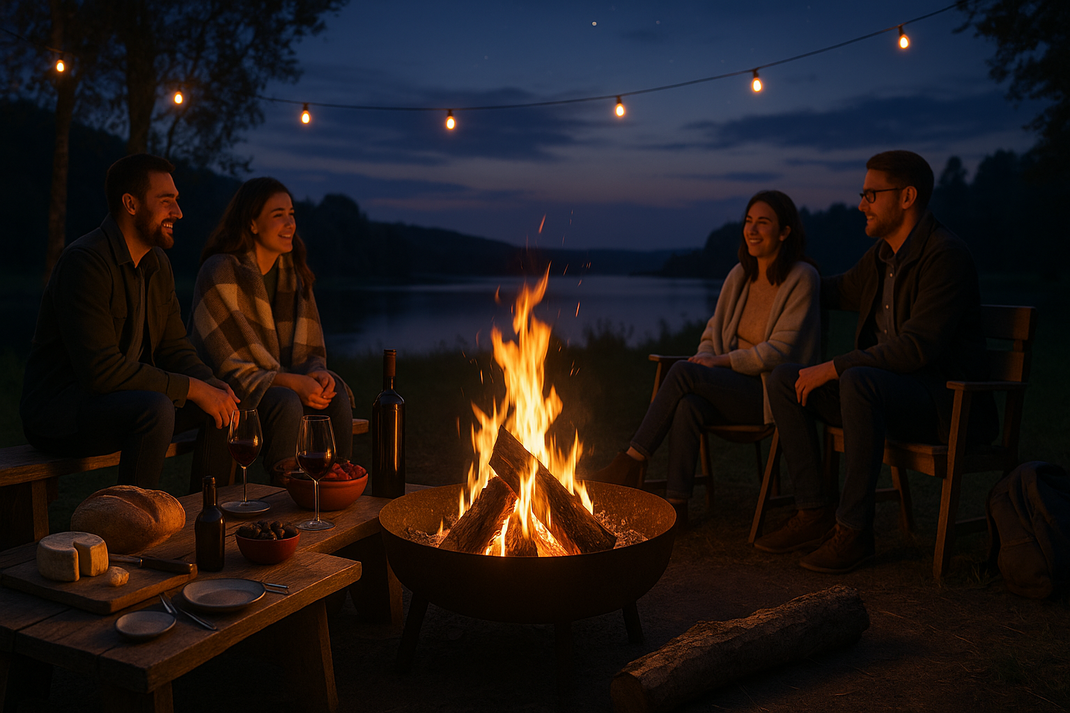 Vier Gäste sitzen am Abend am Feuerkorb am See, Lichterkette leuchtet, auf dem Tisch stehen Wein und Snacks.