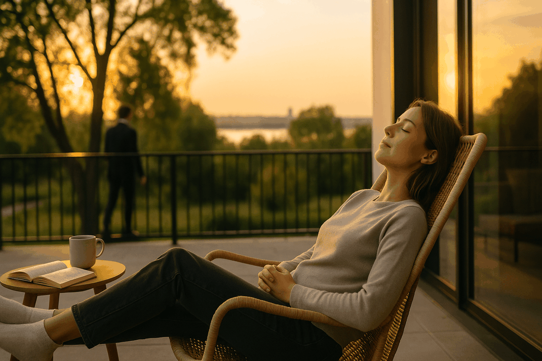 Frau entspannt bei Sonnenuntergang auf einer Hotelterrasse mit Buch und Getränk und genießt ihre freie Zeit.