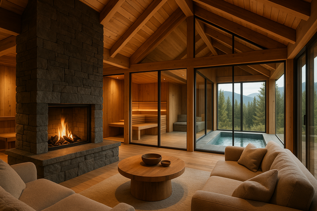Gemütlicher Wellnessbereich mit Kamin, Sofa, Sauna und Innenpool, große Fenster mit Blick in die Natur.