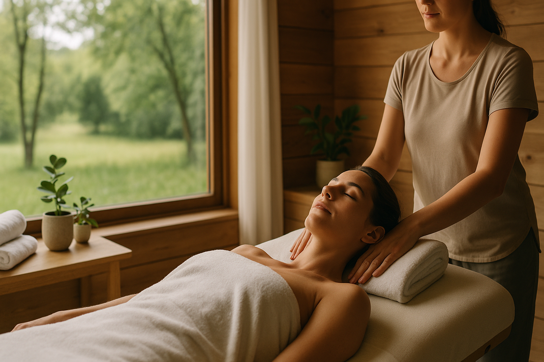 Frau liegt auf einer Massageliege, während eine Therapeutin ihren Nackenbereich behandelt.