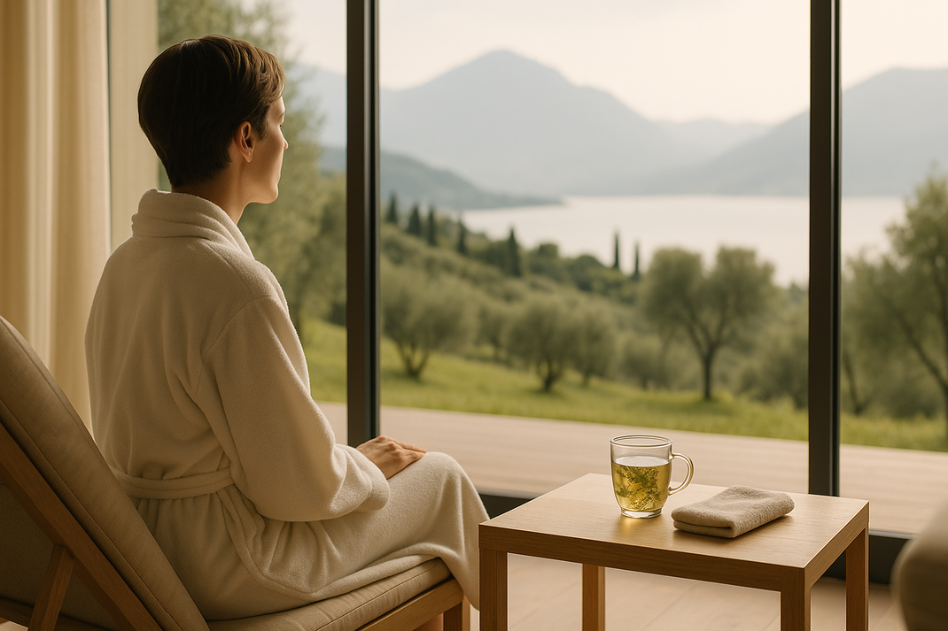 Person im Bademantel sitzt am Fenster und schaut auf eine ruhige Landschaft mit See und Bergen.