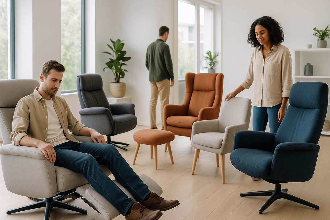 Auswahlvielfalt von verschiedenen Entspannungssesseln in heller, moderner Showroom-Umgebung mit Probesitzbereichen und professioneller Inszenierung