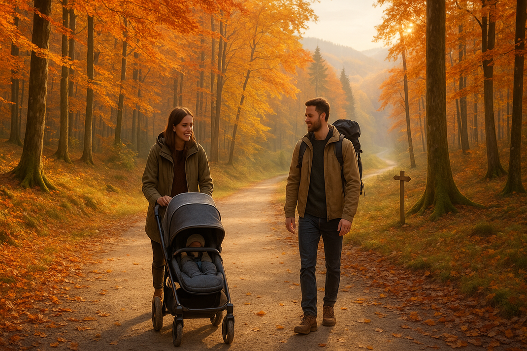 Paar spaziert mit Kinderwagen auf einem Waldweg durch buntes Herbstlaub bei warmem Morgenlicht.