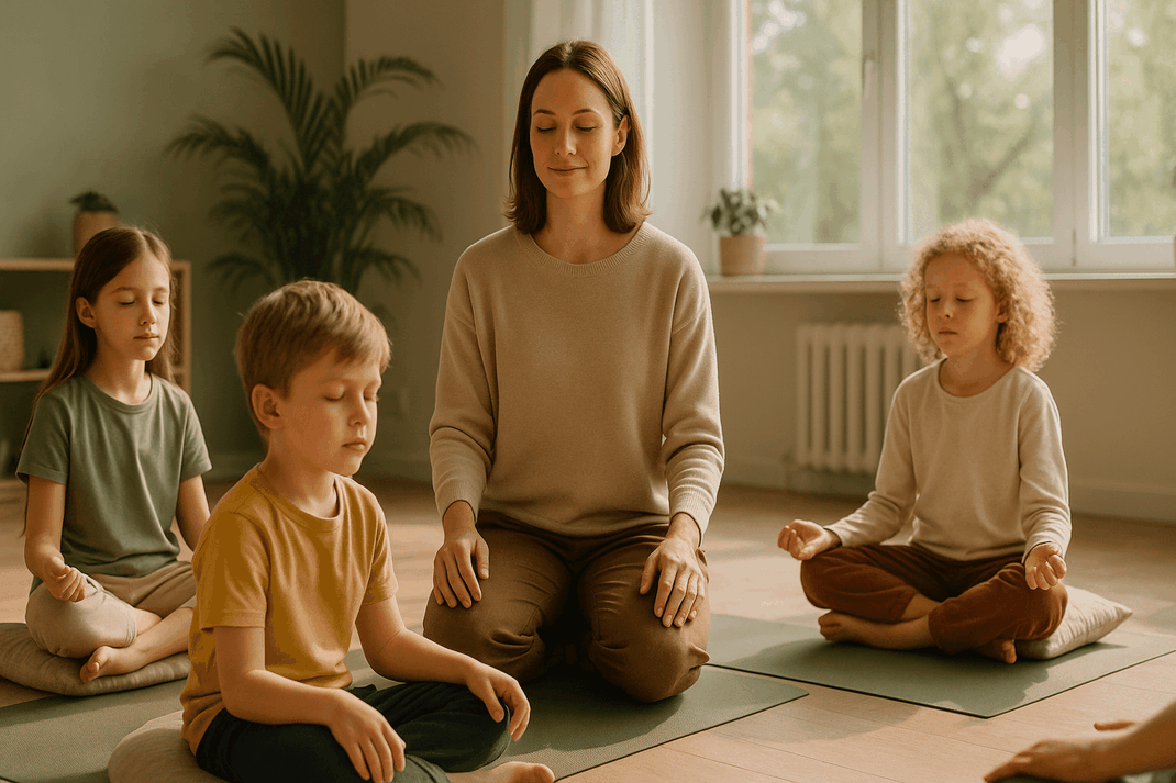 Pädagoge leitet kindgerechte Entspannungsübung in ruhiger Atmosphäre an, Kinder sitzen entspannt auf Matten mit geschlossenen Augen, warme helle Raumbeleuchtung, beruhigende Umgebung mit Pflanzen.