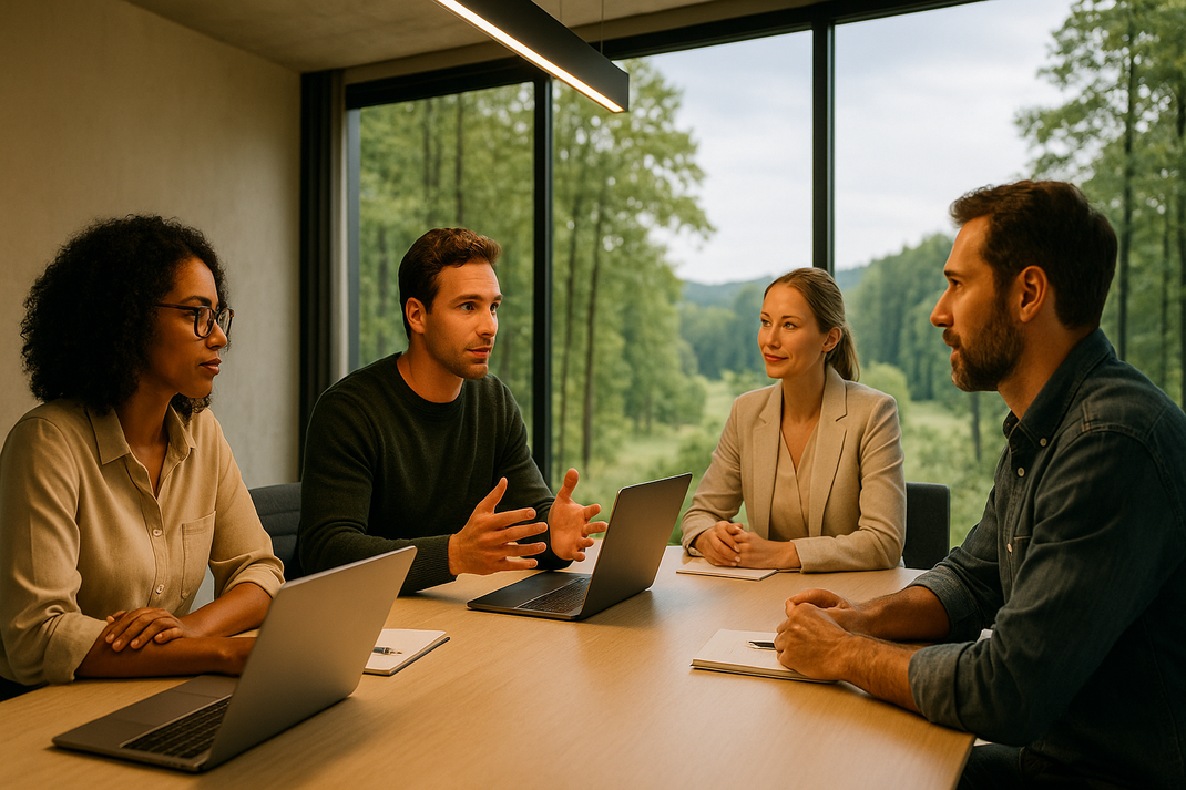 Diverse Gruppe sitzt konzentriert um Tisch in modernem Tagungsraum mit Tageslicht, diskutiert Inhalte auf Papier, zeigt echte Zusammenarbeit und Fokus.