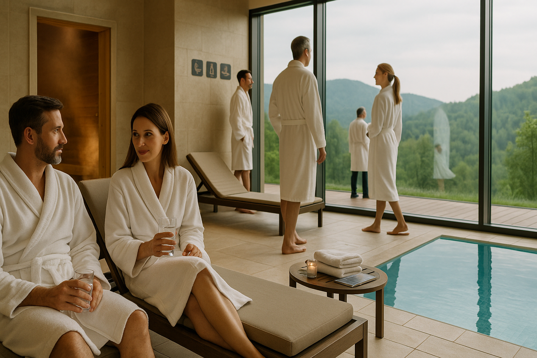Gäste im Bademantel entspannen im Wellnessbereich am Innenpool, mit Panoramafenstern und Ausblick auf die bewaldeten Hügel