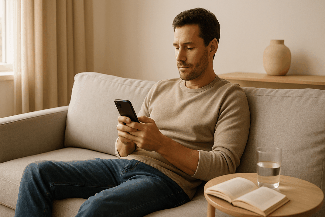 Erwachsener Mann mittleren Alters sitzt entspannt auf hellem Sofa in minimalistischem Wohnzimmer, hält konzentriert Smartphone, warmes Tageslicht von links, ruhige fokussierte Atmosphäre